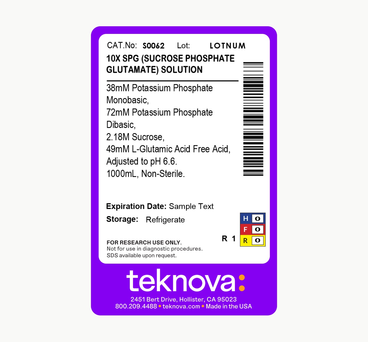 10X SPG (Sucrose Phosphate Glutamate) Solution, 1000mL. Non-Sterile.